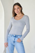 Ultra Soft Striped Long Sleeve Top - Heather Grey - FINAL SALE
