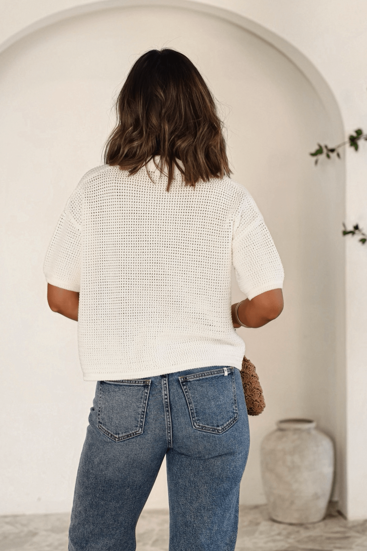 White Crochet Button Up Top