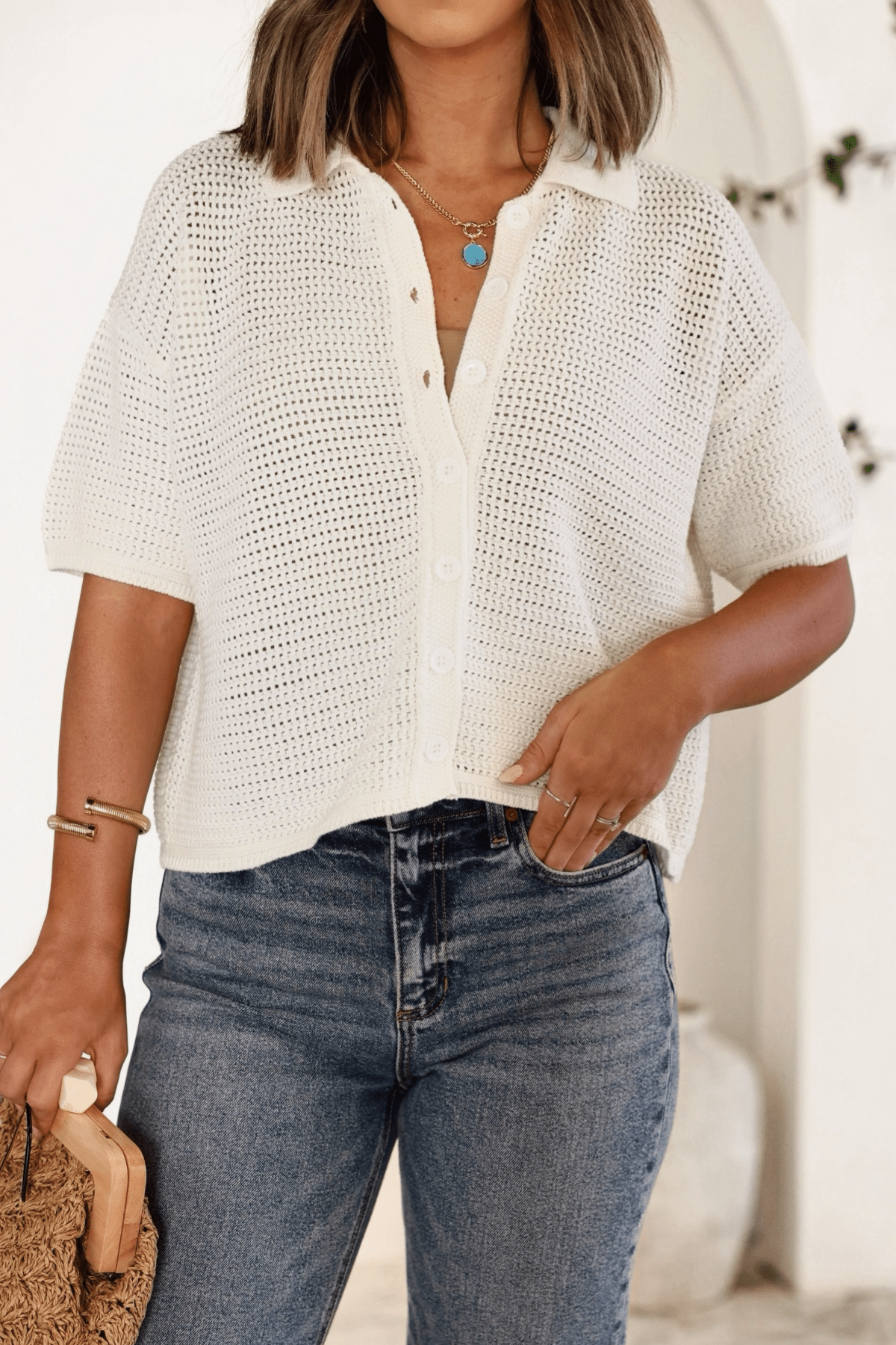 White Crochet Button Up Top